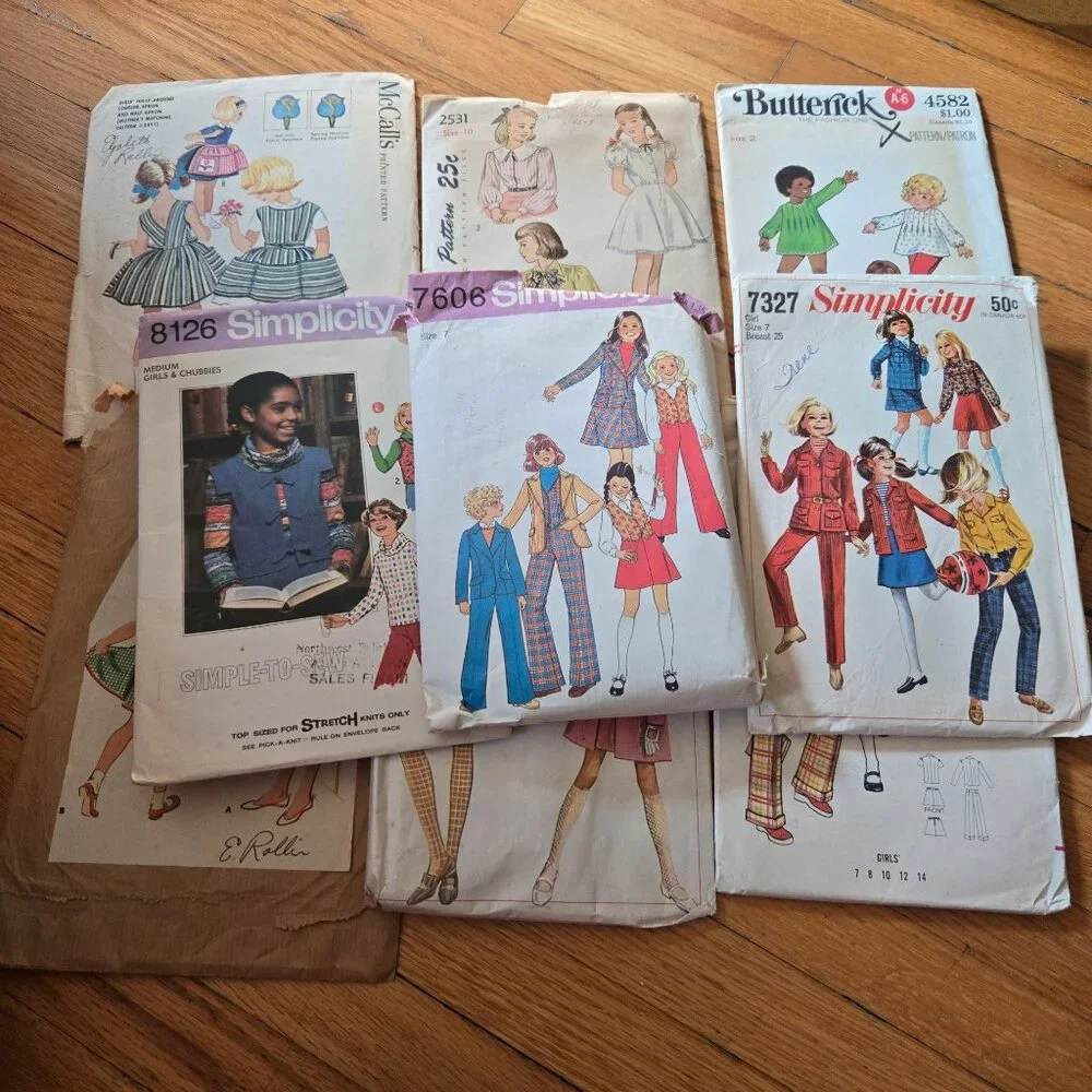 vintage kids sewing patterns mixed lot 40s - 80s blouse, apron, pants unverified
